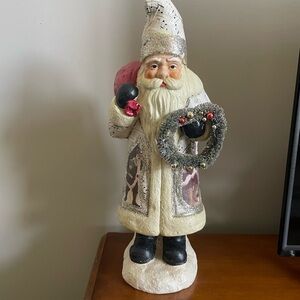 Santa Figurine with Wreath - Cream and Black